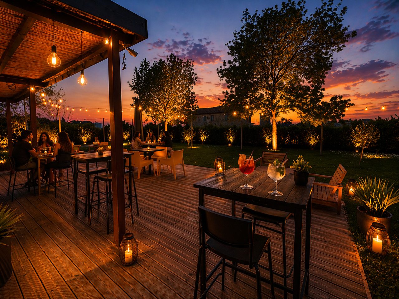 Aperitivo all'aperto al tramonto nel giardino di Cervia