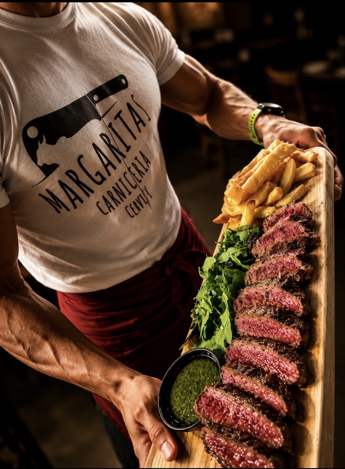 Servizio al tavolo di tagliata di carne alla brace